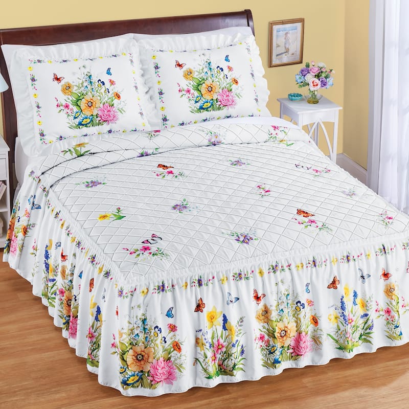 Colorful Poppy and Butterflies Ruffled Border Quilt Top Bedspread - King