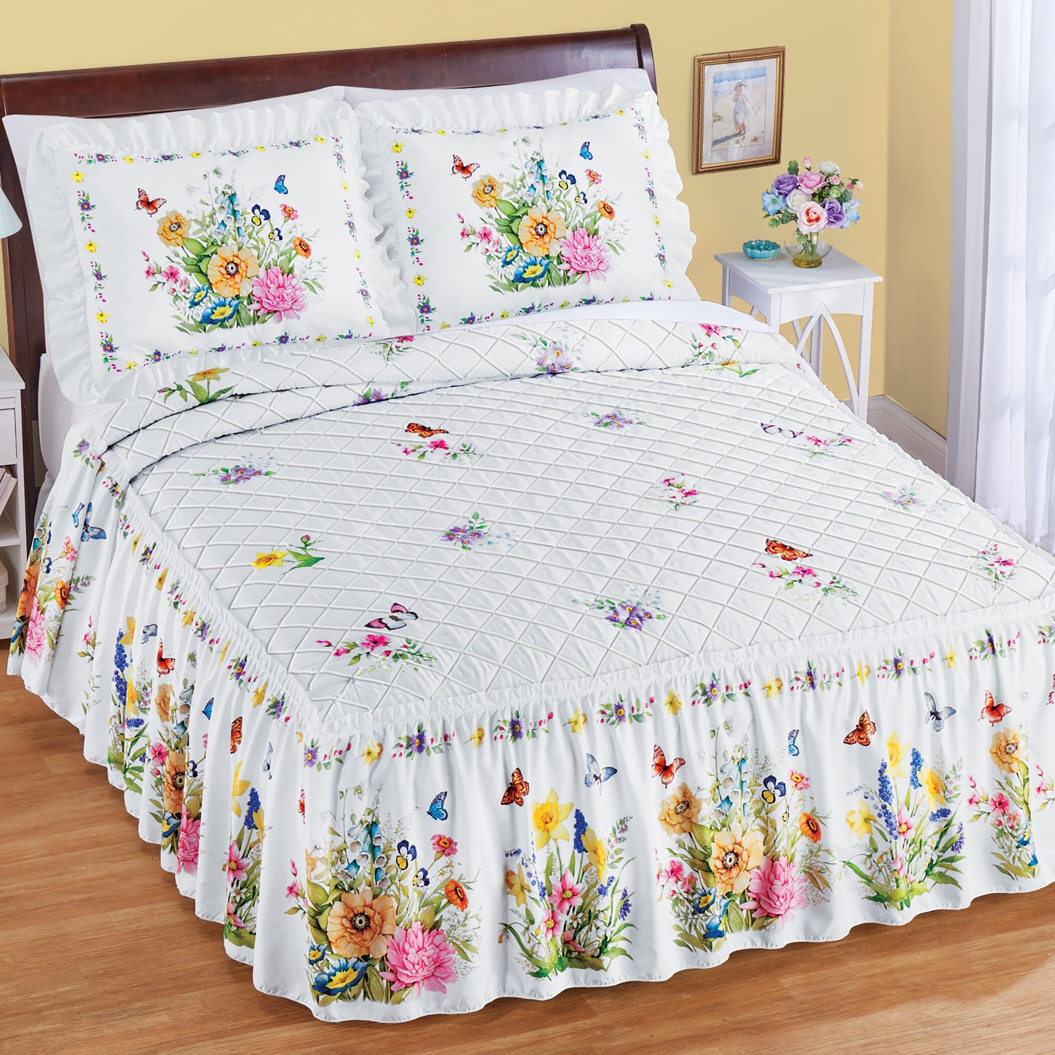 thumbnail image 2 of Collections Etc Andrea Blue Yellow And White Floral Patchwork Ruffle Skirt Lightweight Bedspread King Review 2 of 11