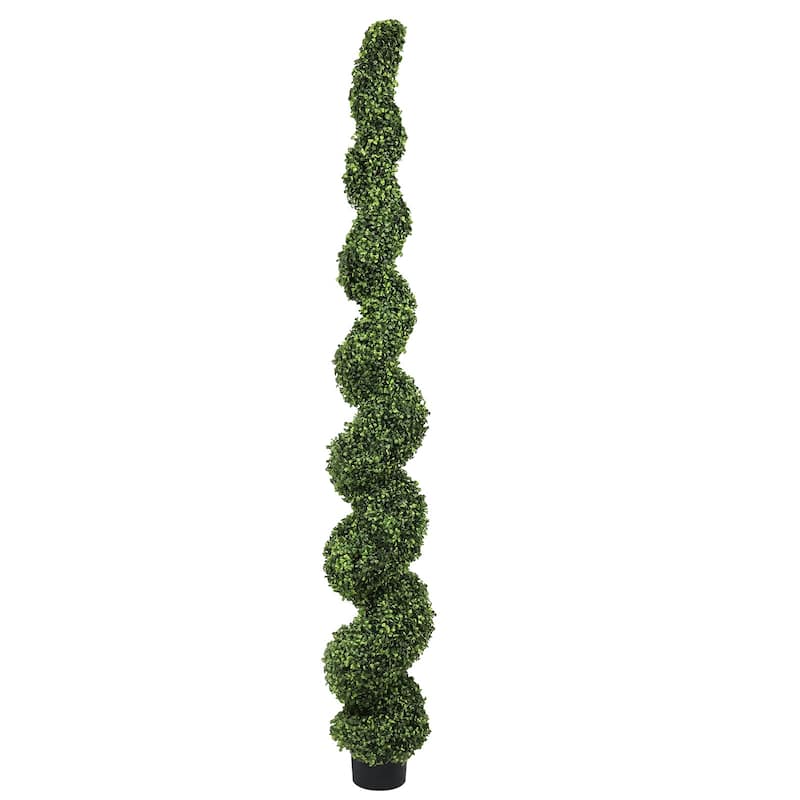 7FT Spiral Topiary Trees Artificial Faux Boxwood Plants Large Twisted Green Potted Trees with Light Green Leaves,1pc/set