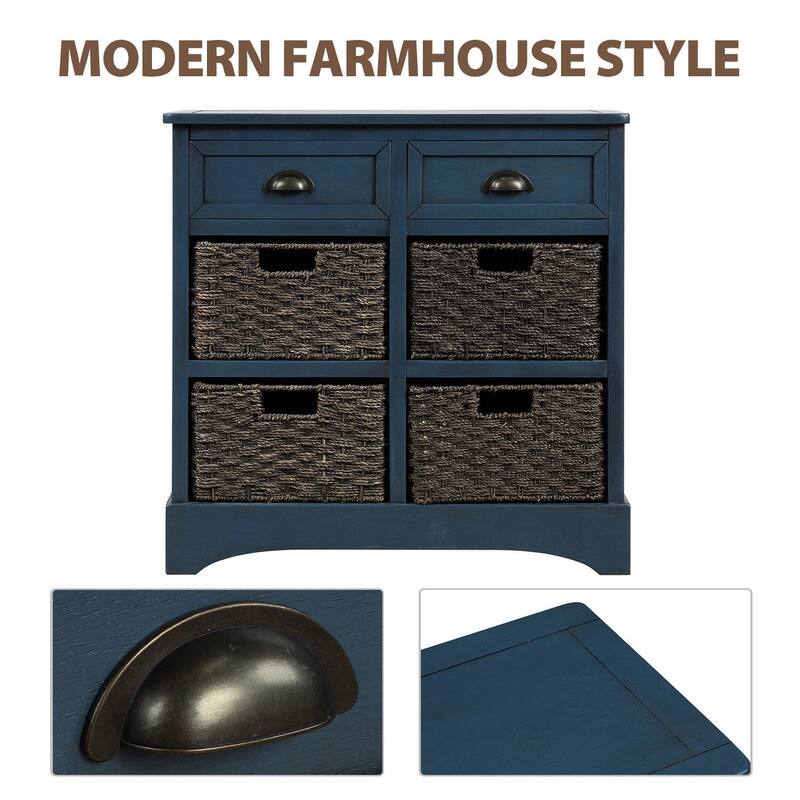 Rustic Storage Cabinet with Two Drawers and Four Classic Rattan Basket