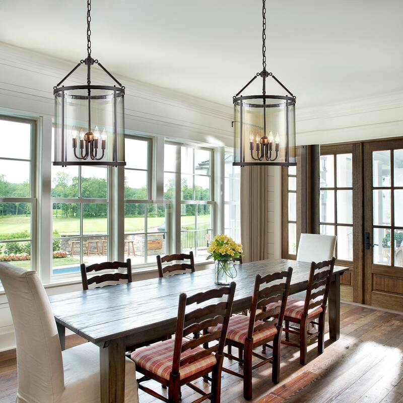 4 - Light Farmhouse Lantern Glass Drum Chandelier for Entryway