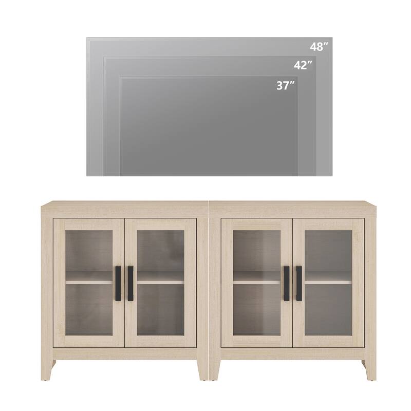 WAMPAT Modern Farmhouse TV Stand, Entertainment Center with Tempered Glass Doors & Adjustable Shelves