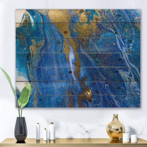 Designart 'Gold And Blue Marbled Rippled Texture I' Modern Print on Natural Pine Wood