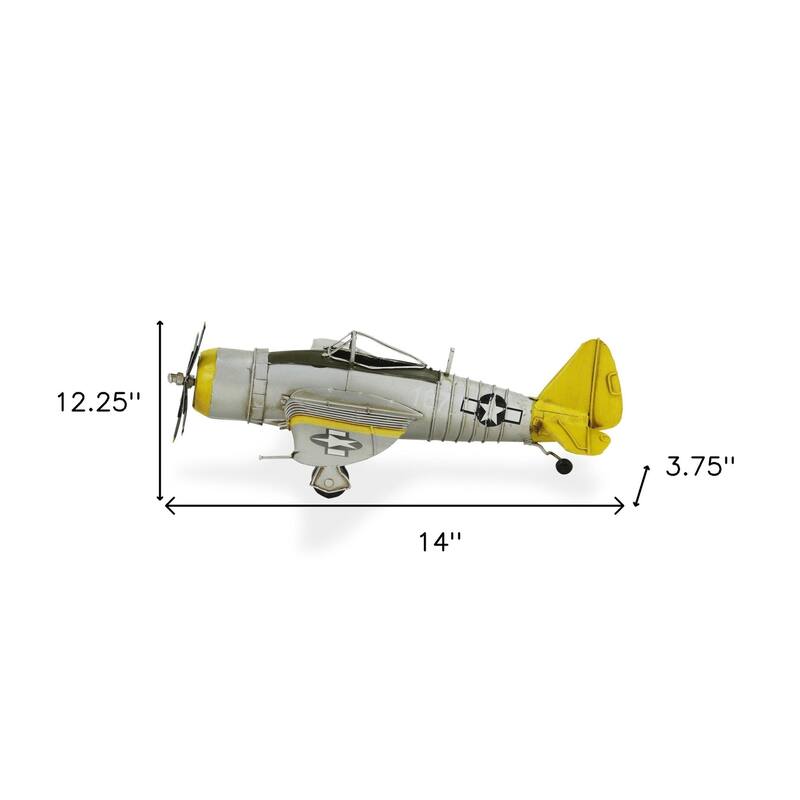 HomeRoots 4" Yellow and Gray Metal Hand Painted P-47D Thunderbolt Model Airplane - 14' X '3.75' X '12.25