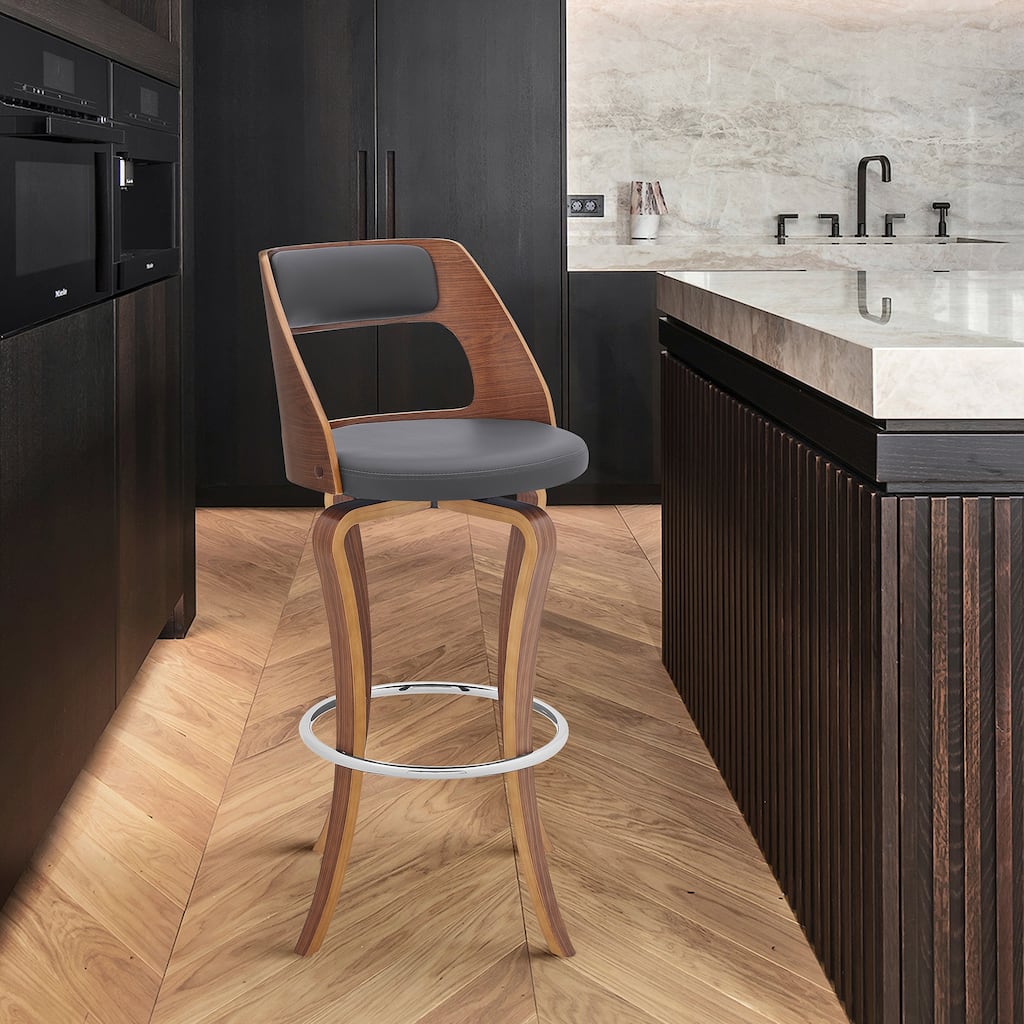 Grady Mid-Century Swivel Bar Stool, Upholstered Bar Height Chair with Walnut Wood Finish