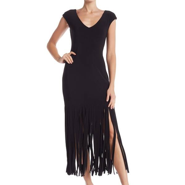 Shop Bebe Womens Midi Dress Raw Fringe Hem V Neck Cap Sleeve On