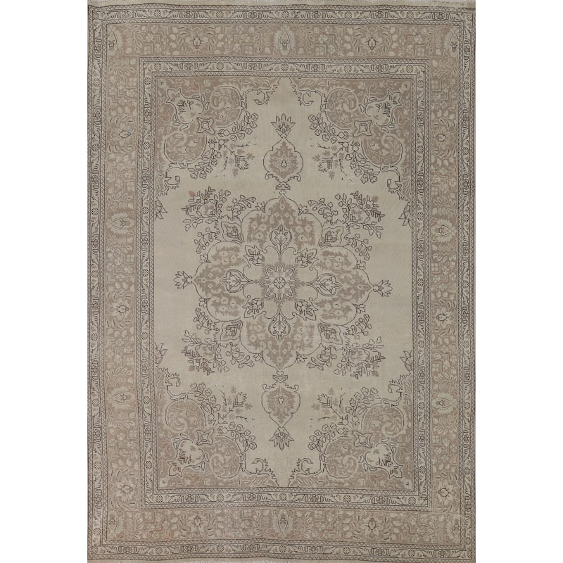Beige Distressed Tabriz Vintage Persian Rug Hand-Knotted Wool Carpet - 6'9" x 9'6"