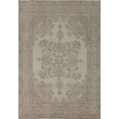 Beige Distressed Tabriz Vintage Persian Rug Hand-Knotted Wool Carpet - 6'9" x 9'6"