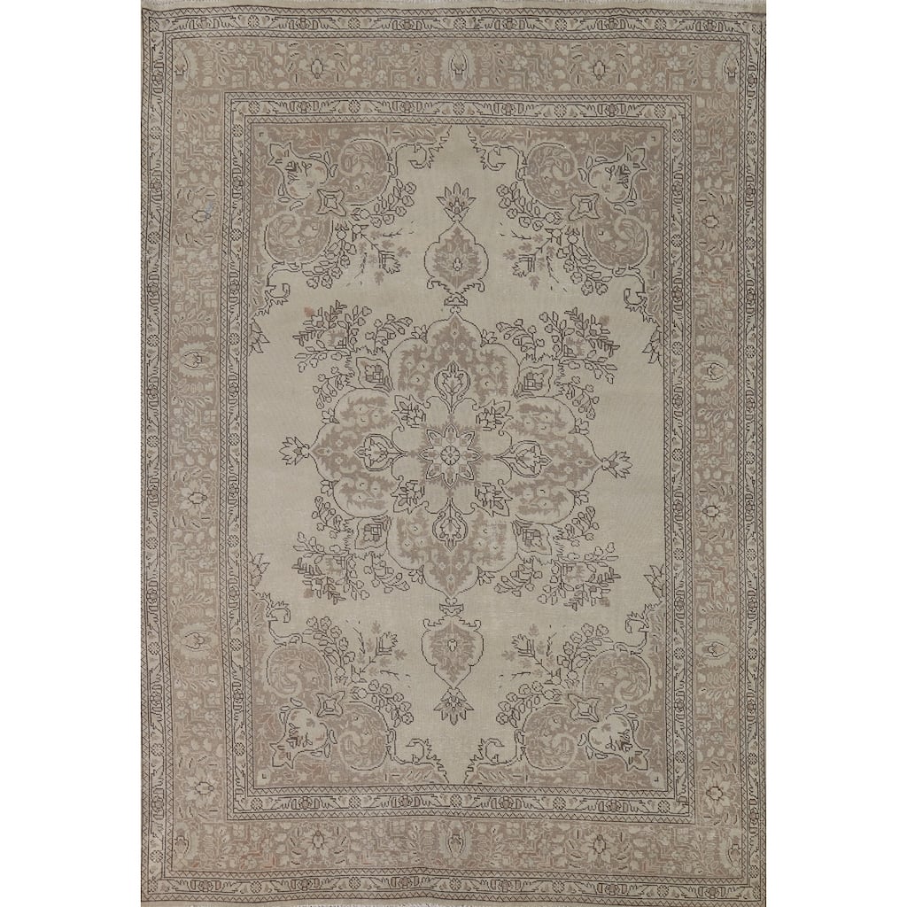 Beige Distressed Tabriz Vintage Persian Rug Hand-Knotted Wool Carpet - 6'9" x 9'6"