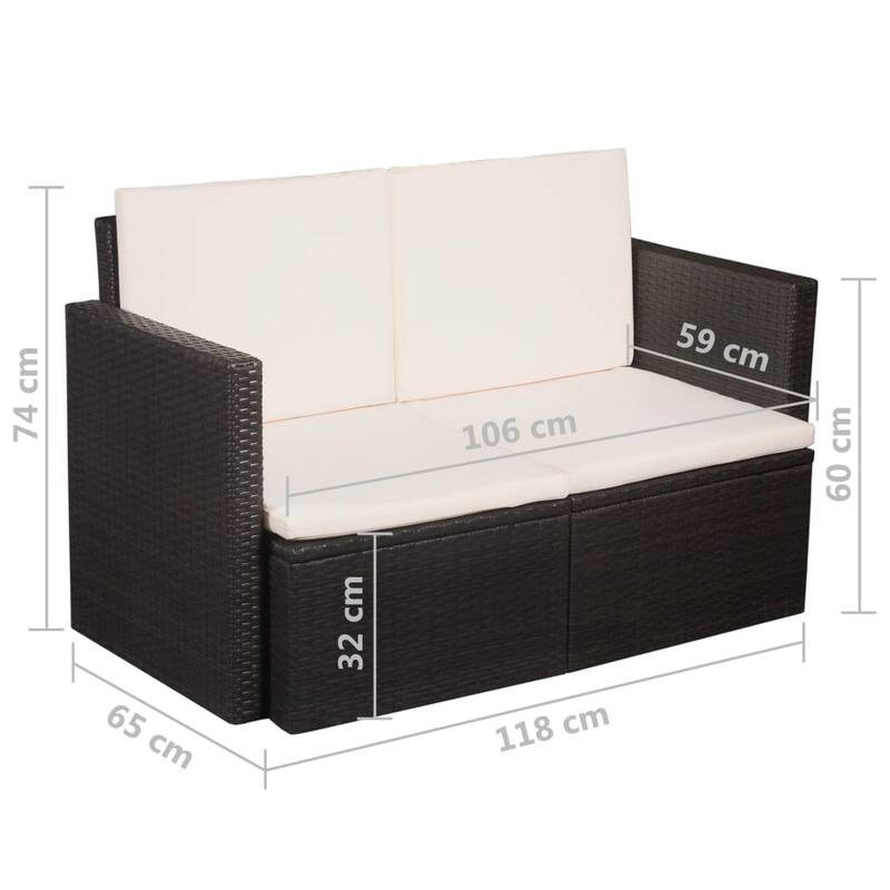 vidaXL 2 Seater Patio Sofa with Cushions Brown Poly Rattan - 20.9" x 23.2" x 1.97"