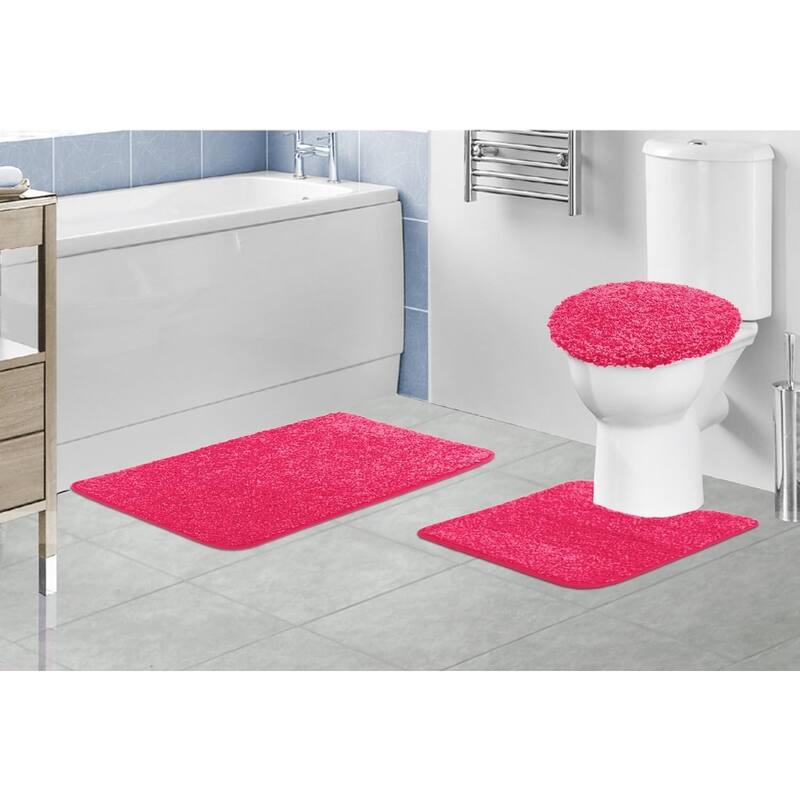Layla 3 PC Shaggy Bathroom Rug Set, Bath Mat, Contour Rug, Lid Cover, Solid Colors - Fuchsia