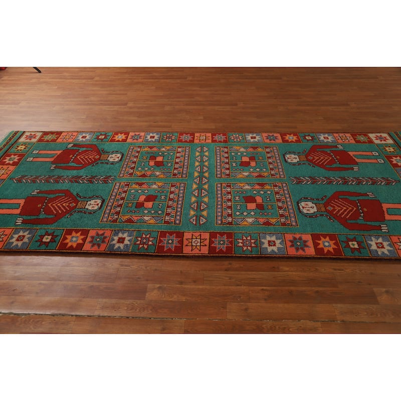 Hand Knotted Oriental 100% Wool Carpet Traditional Tribal Green Heriz (serapi) Runner Rug - 9' 10'' X 4' 2''