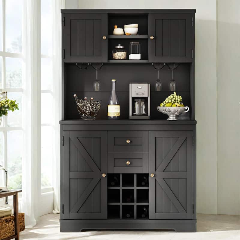 Farmhouse Coffee Bar Wine Cabinet with Storage - Black