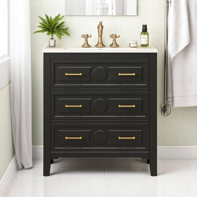 30 Inch Single Bathroom Vanity Set with Sink, Solid Pine Frame and Storage Drawers, Undermount Basin - Black
