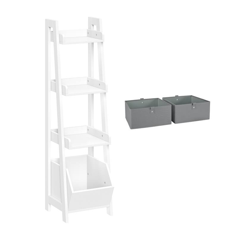 RiverRidge Kids 4-Tier 13in Ladder Shelf Toy Organizer with 3 Open Display Shelves - White with Two 5" Fabric Bins