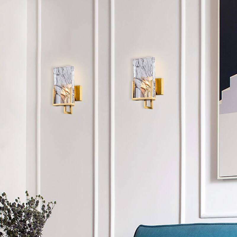 1 Light Gold Metal Wall Sconce With Glass Plaque