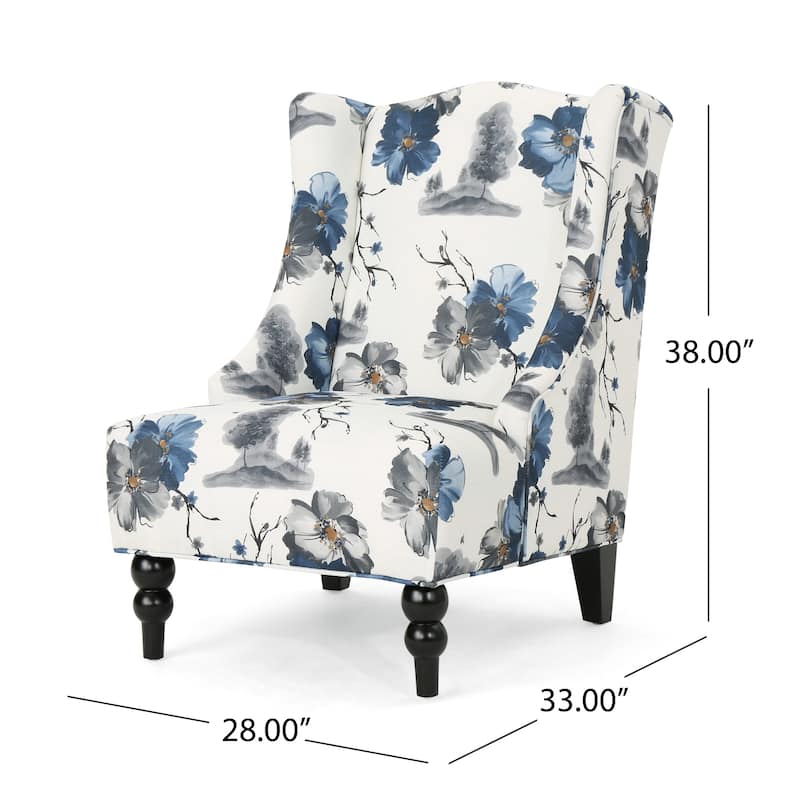 Roomfitters Toddman Contemporary Wingback High-Back Club Chair with Turned Birch Wood Legs, Beige and Blue