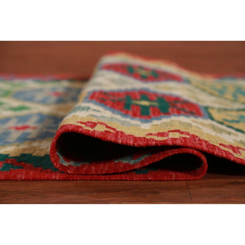 Hand Woven Oriental 100% Wool Carpet Southwestern All-Over Multi-Colored Kilim Runner Rug - 15' 11'' X 2' 10''