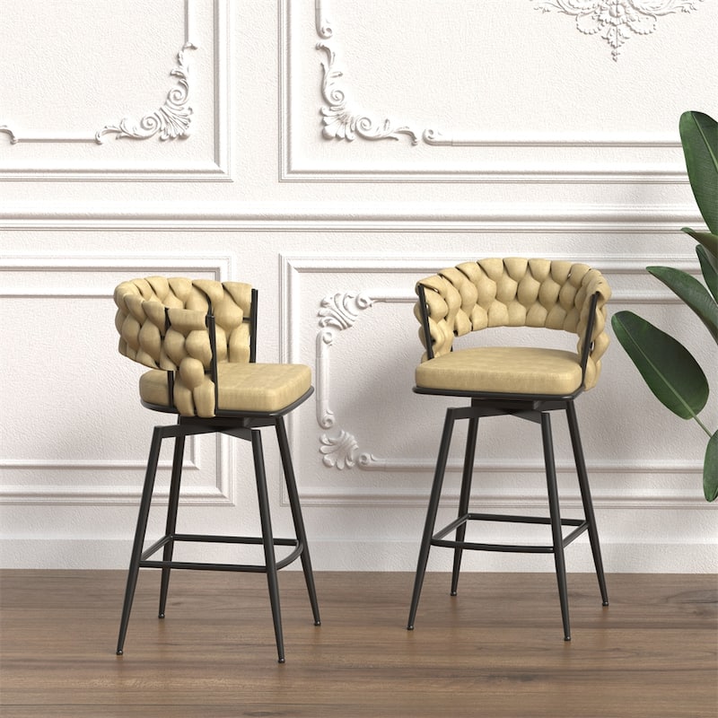 360 Swivel Leather Woven Bar Stool with Back Footrest (Set of 2)