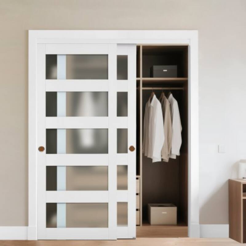 White Wood MDF Sliding Closet Doors with Frosted Glass Panels