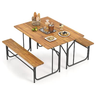 Gymax 2PCS Table Bench Set for 2 Picnic Table & Loveseat w/Acacia Wood