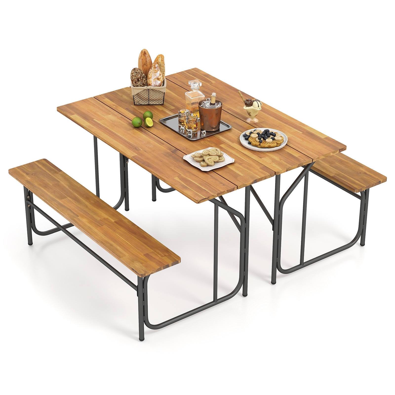 Gymax 2PCS Table Bench Set for 2 Picnic Table & Loveseat w/Acacia Wood