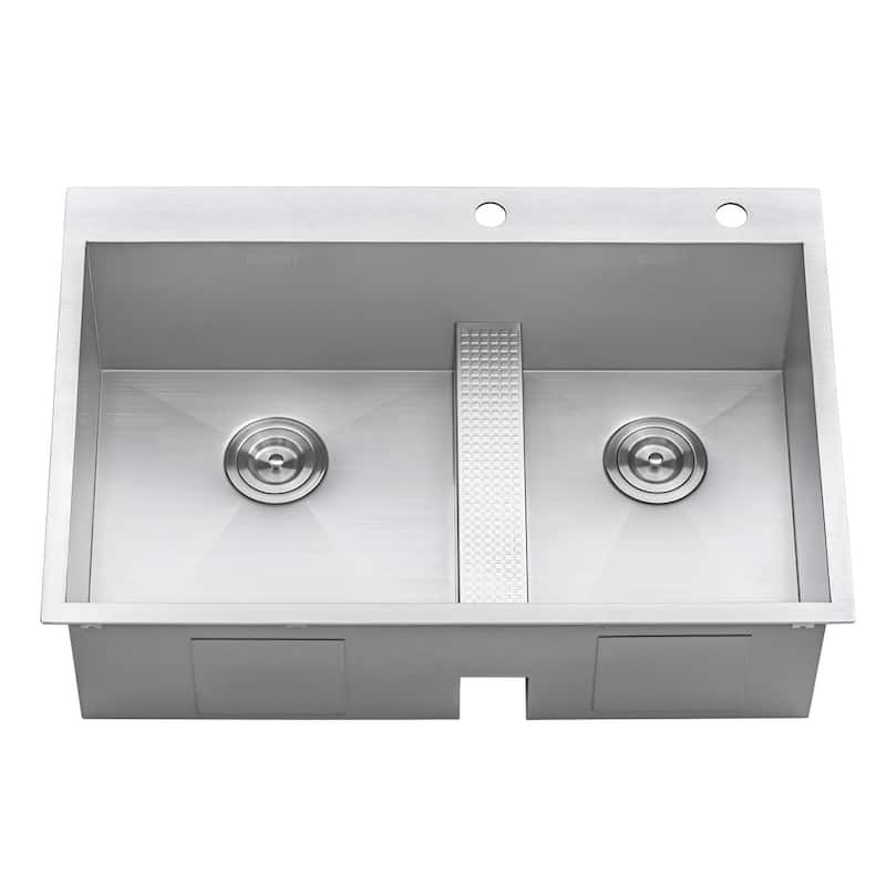 Ruvati 33-inch Drop-in Low Platform-Divide Zero Radius 60/40 Double Bowl 16 Gauge Topmount Kitchen Sink - - 33? x 22?