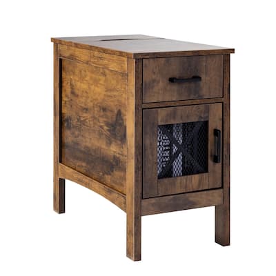 Natural Wood Particle Board End Table with Drawer and Power Strip - 23.98” L x 14.02” W x 24.02” H