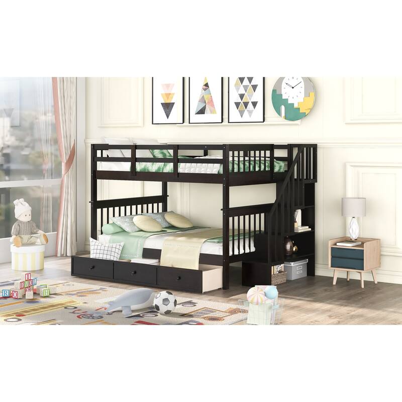 Full-Over-Full Bunk Bed with Storage Drawer, Guard Rail, and Staircase, Espresso Finish