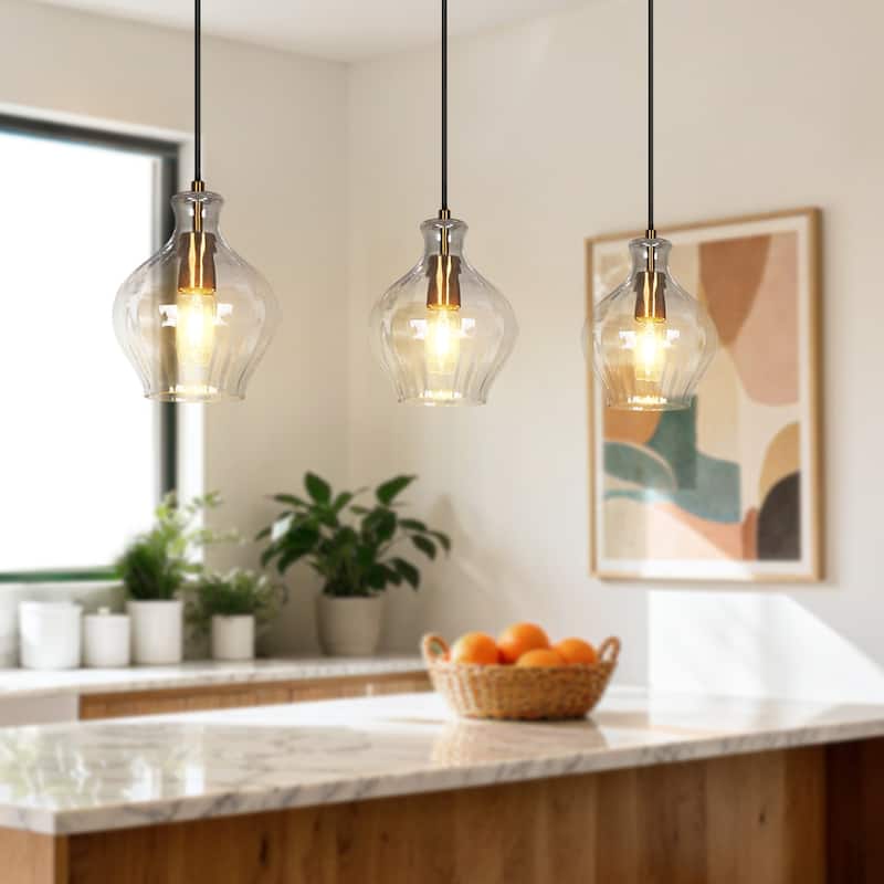 Coria Mid-century Modern Brass Pendant Light 1-Light Chic Dimmable Kitchen Island Lamp Fluted Glass Dining Room