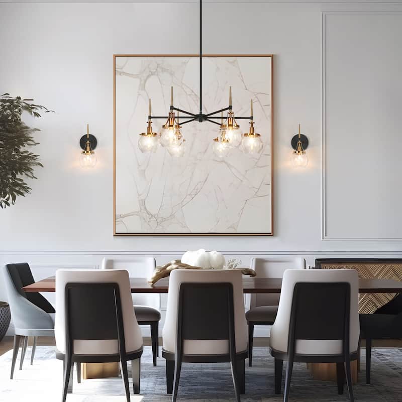 Beta Modern 6-Light Glass Wheel Chandelier Black Gold Pendant for Dining Living Room - 27.6"L x 4.9"W x 12.6"H