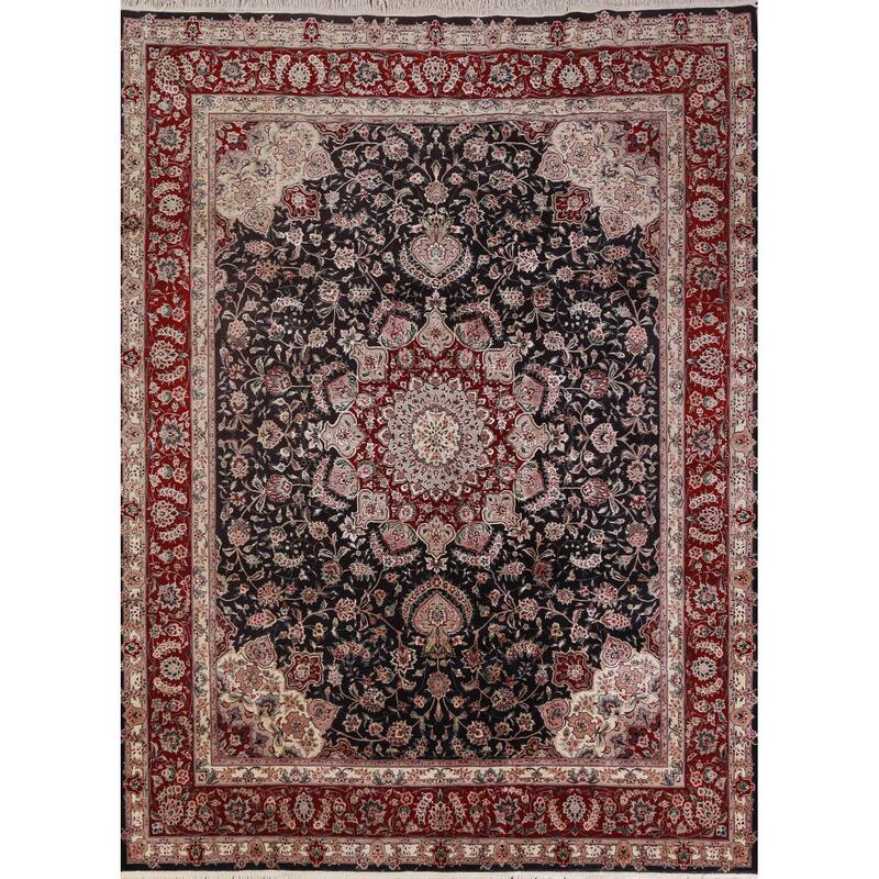 Hand Knotted Oriental Wool & Silk Carpet Traditional Floral Navy Blue & Blues Tabriz Area Rug - 9' 8'' X 7' 10''