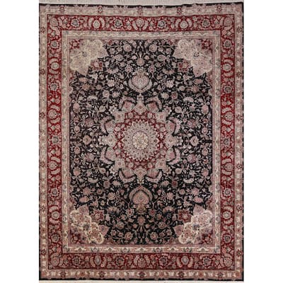 Hand Knotted Oriental Wool & Silk Carpet Traditional Floral Navy Blue & Blues Tabriz Area Rug - 9' 8'' X 7' 10''