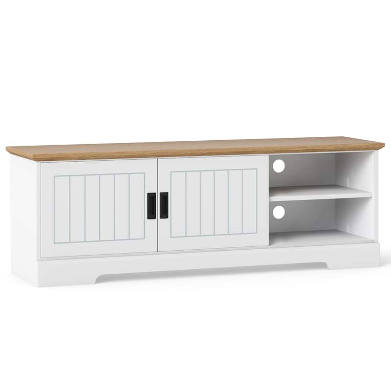 Farmhouse TV Stand for 65 Inch TVs White and Oak Entertainment Center with Sliding Doors and Adjustable Shelves - Antique White