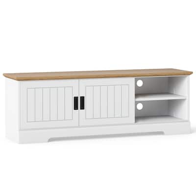 Farmhouse TV Stand for 65 Inch TVs White and Oak Entertainment Center with Sliding Doors and Adjustable Shelves