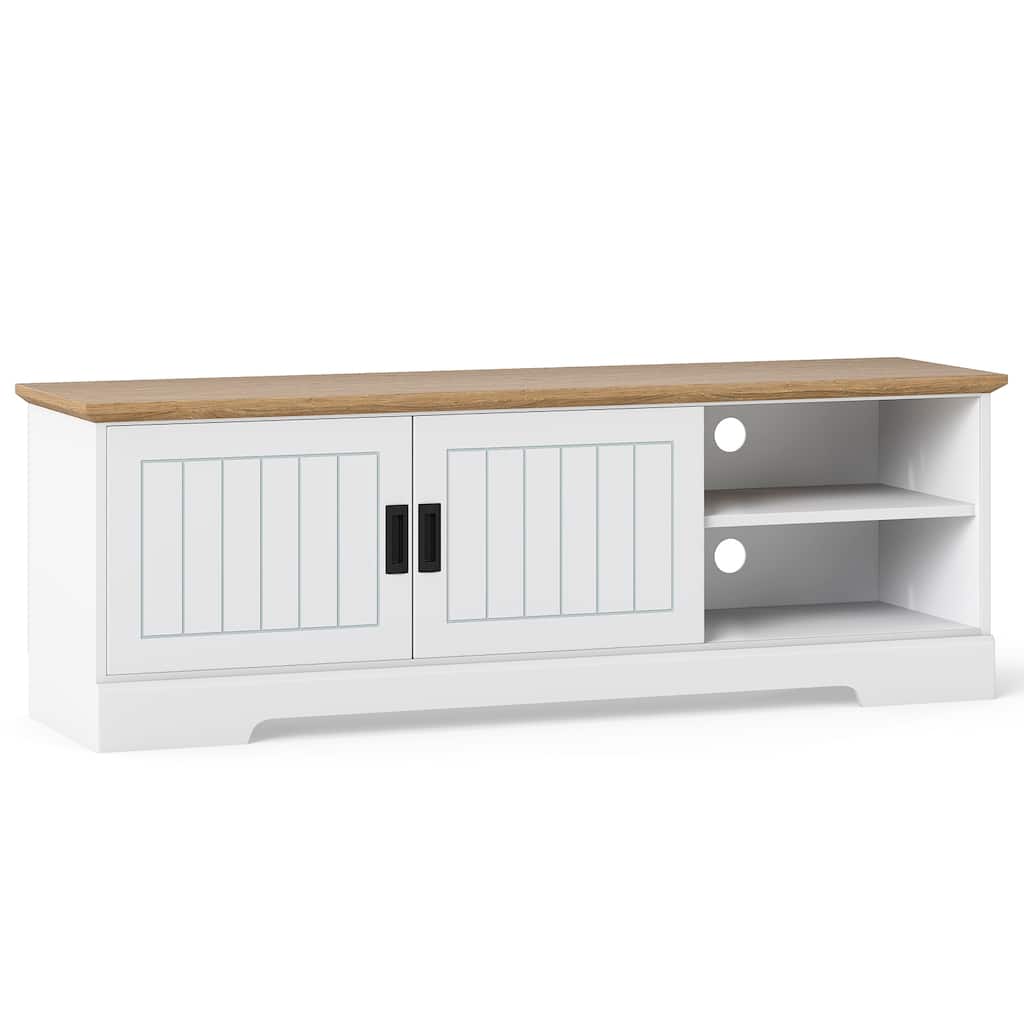 Farmhouse TV Stand for 65 Inch TVs White and Oak Entertainment Center with Sliding Doors and Adjustable Shelves