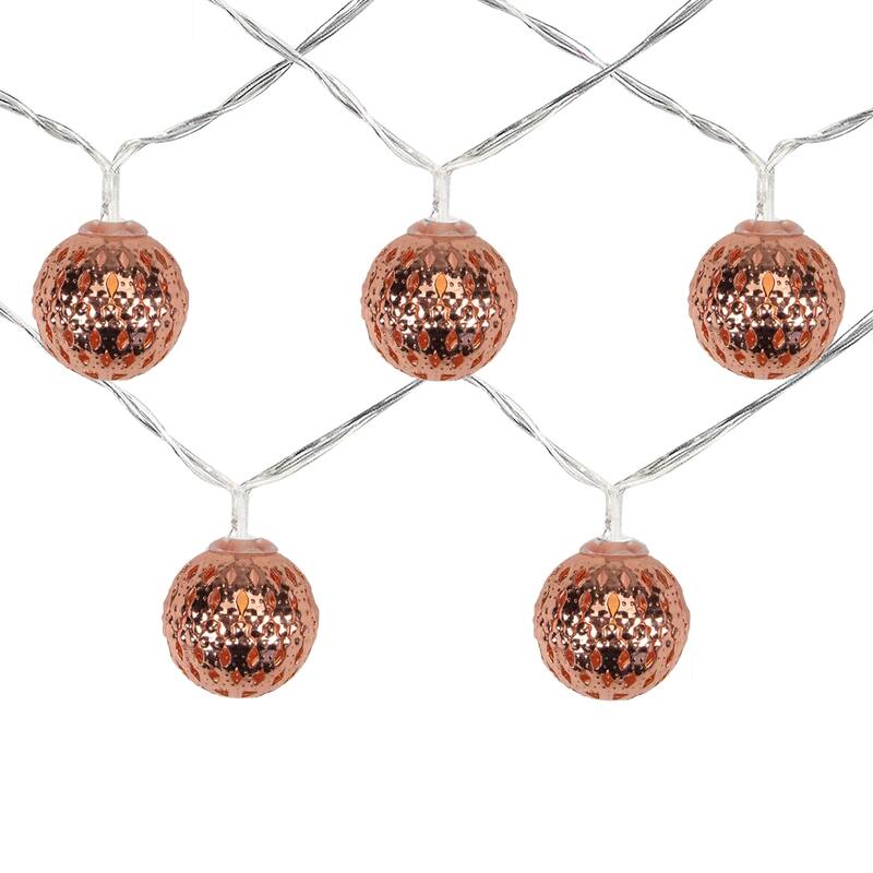 10 B/O LED White Rose Gold Ball Christmas Lights - 6.25 ft Clear Wire