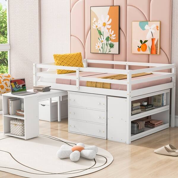 slide 2 of 57, Full Size Loft Bed with Retractable Desk, Storage Drawers, and Stairs, Space-Saving White