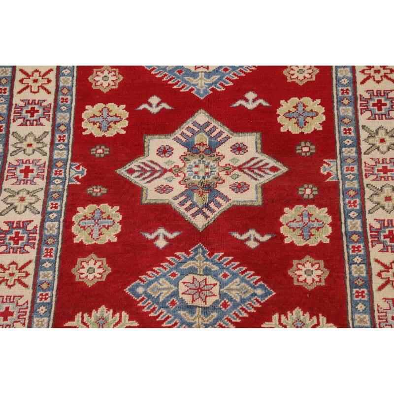 Red Geometric Kazak Oriental Accent Rug Hand-Knotted Wool Carpet - 3'4"x 4'10"