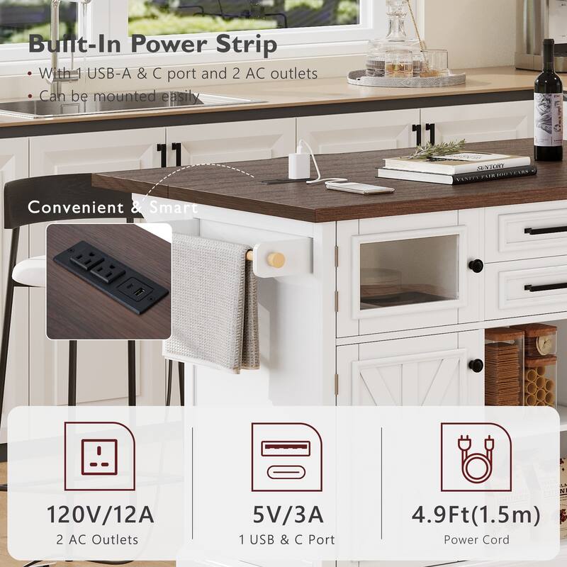 54.9" Kitchen Island with Drop Leaf, Power Outlet, Kitchen Storage Cart with 4 Door Shelves