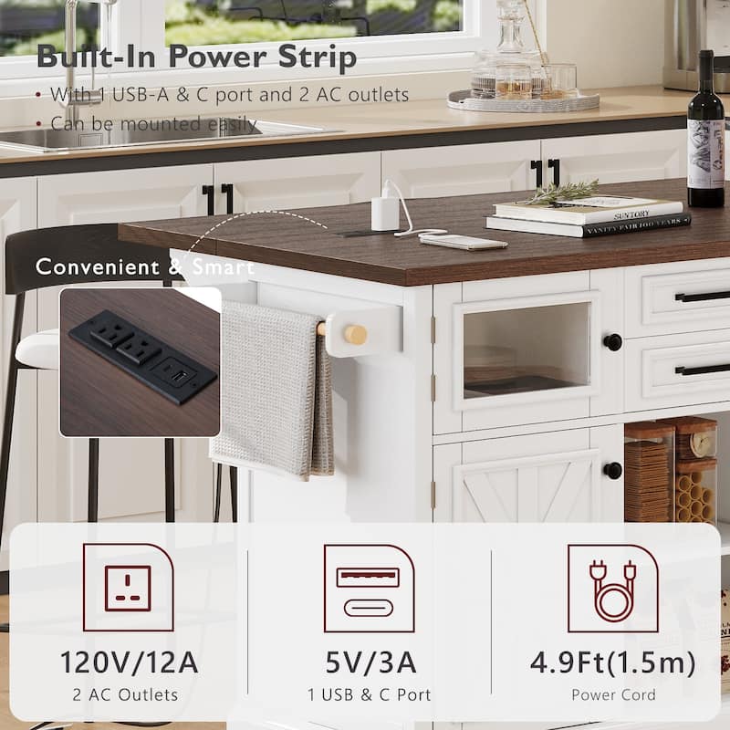 54.9"Kitchen Island with Drop Leaf, 4 Door Shelves, Cross Barn Doors & Visual Glass Door, Rolling Kitchen Island on 4 Wheels