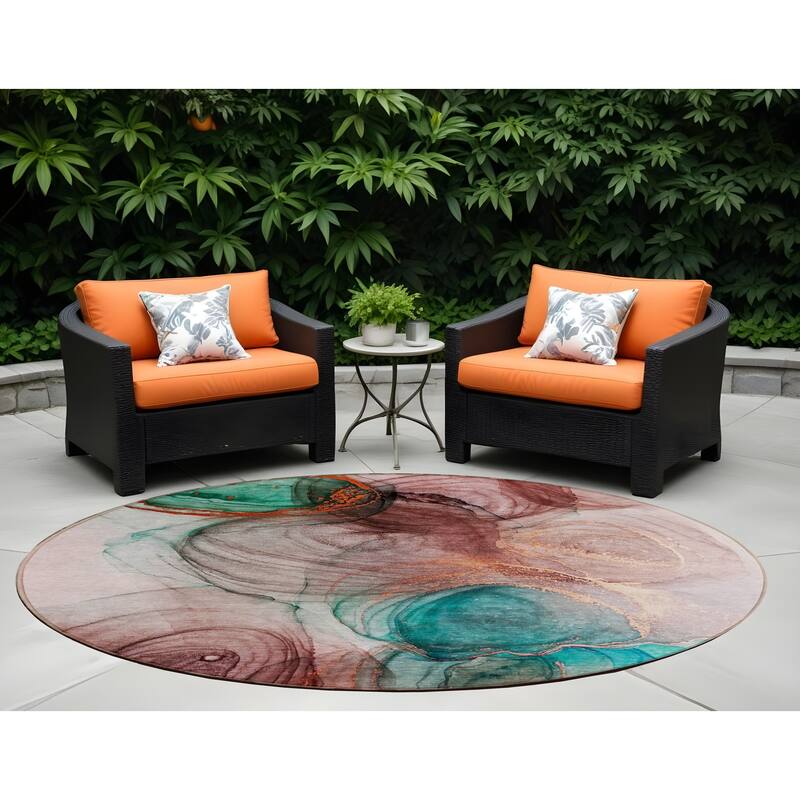 Gane Unique Abstract Weather Resistant Versatile Elegance Outdoor Rug - 8' Round - Burgundy