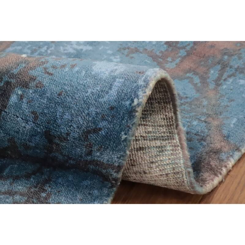 Hand Knotted Oriental Viscose Silk Carpet Modern Pictorial Navy Blue & Blues Abstract Area Rug - 7' 10'' X 5' 8''