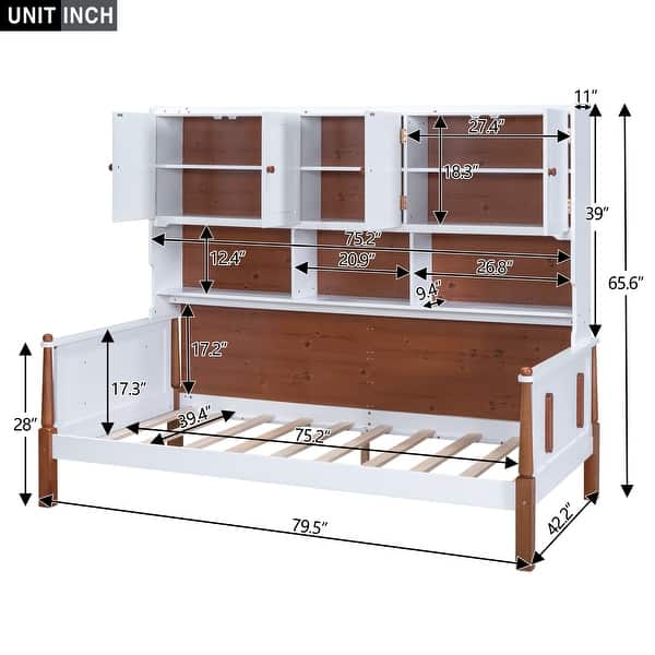 Twin Platform Bed with Storage Shelves, Cabinets, and Walnut Accents, White+Walnut