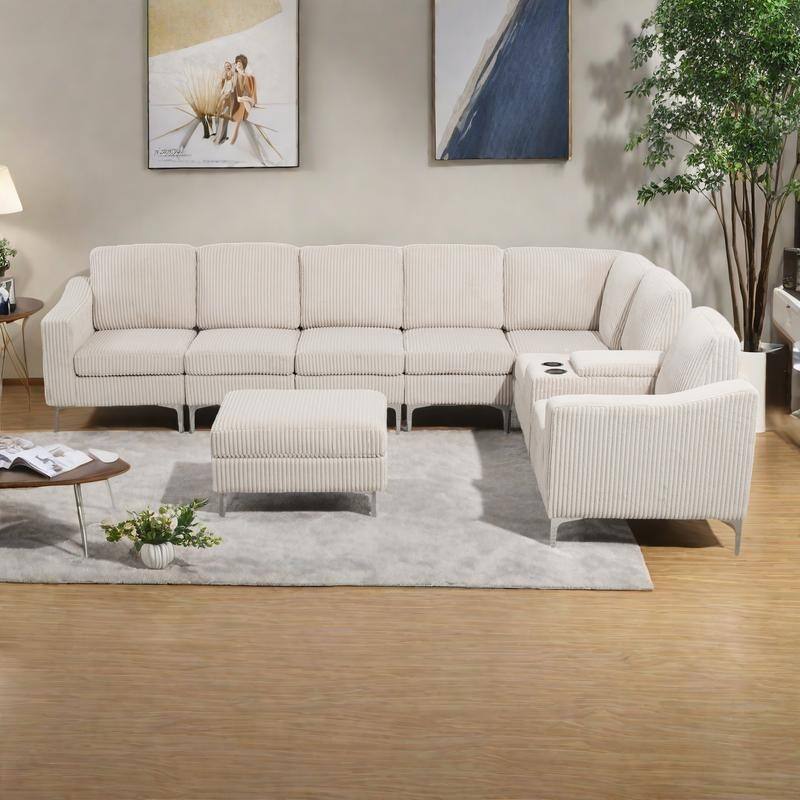 129.14" Corduroy 6-Piece Modular Sectional Sofa with Storage Ottoman, USB Charging and Cup Holders - Beige