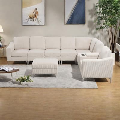 129.14" Corduroy 6-Piece Modular Sectional Sofa with Storage Ottoman, USB Charging and Cup Holders