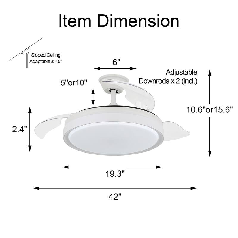 42" Ceiling Fan Light Kit Included with Retractable Blades,6 Fan speed 3 Light Tone with Remote Control - 42 Inches