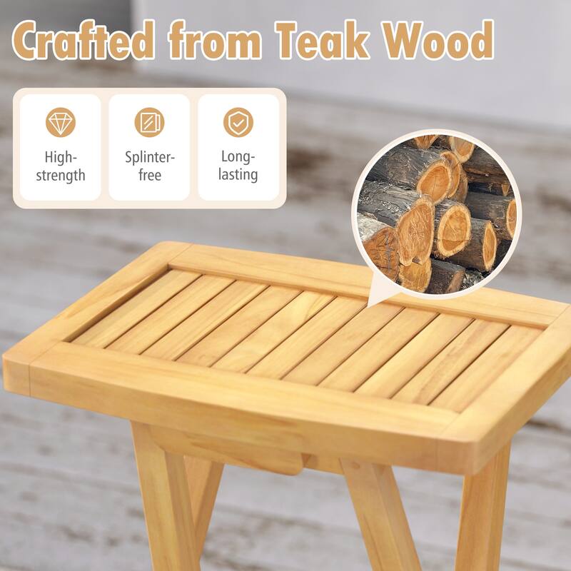 Set of 2 Teak Wood Outdoor Folding Counter Height Bar Stools with Backless Design for Kitchen - 17" x 16" x 29"