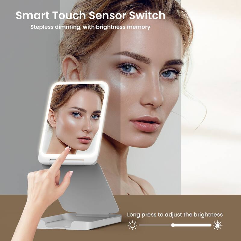 Foldable Portable LED Makeup Mirror with 5X Magnification and Adjustable Brightness - 8"L x 5.3"W