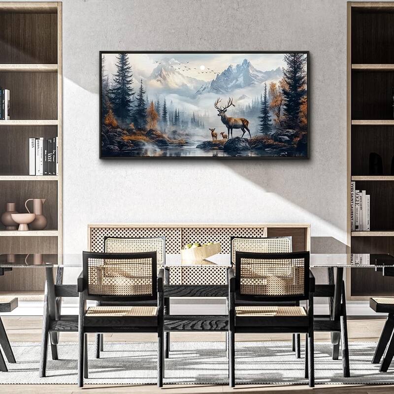 Elk Foggy Mountain Landscape Painting Scenery Stretched and Framed